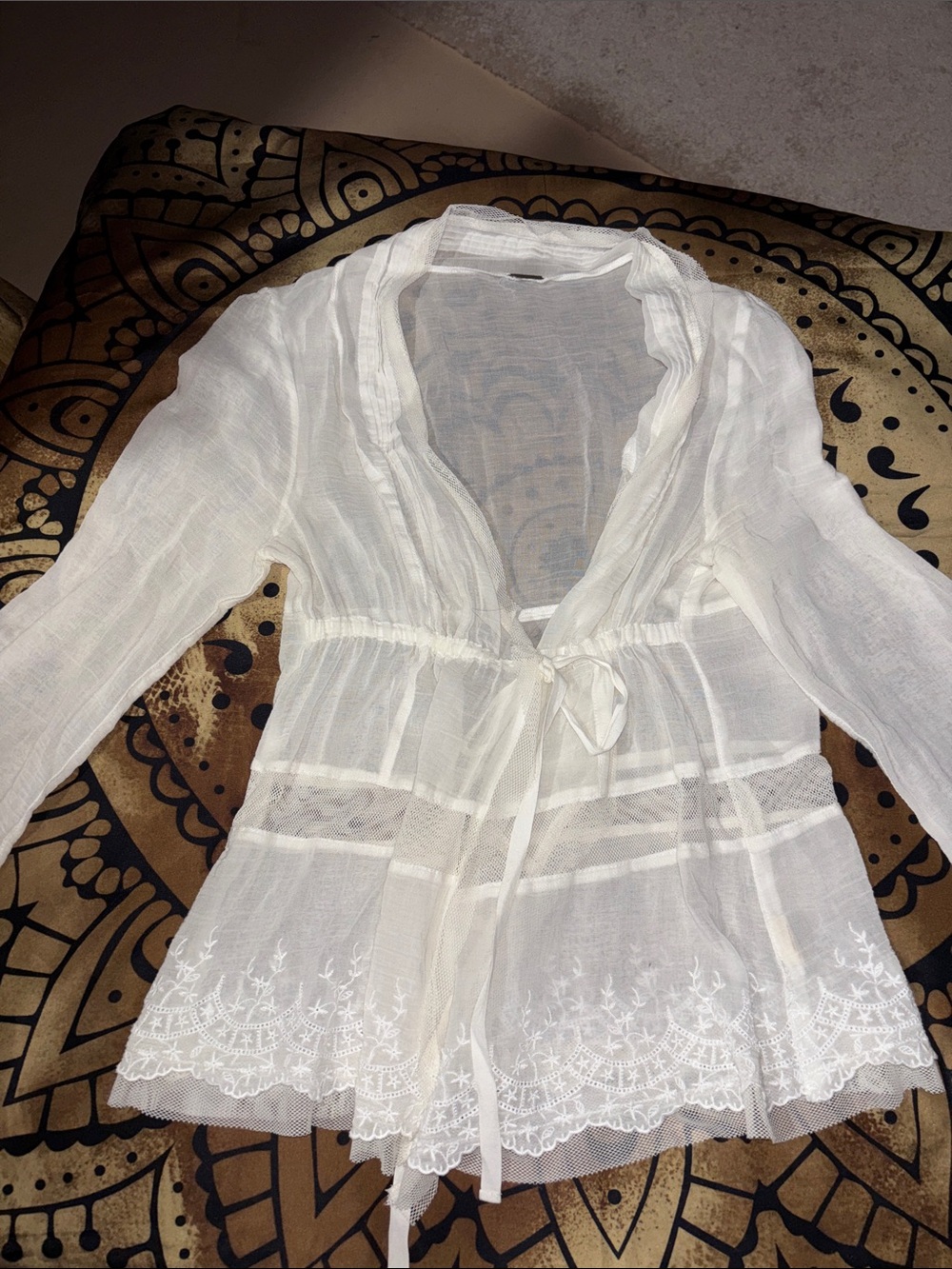 Free People Sheer White Tie-Front Embroidered Peasant Blouse
